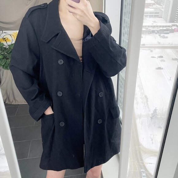 Vintage Wool Blend Jacket / Black Double Breasted Wool Coat / Size Large - Picture 1 of 8